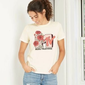 Woman MTV floral  Print short sleeve Graphic  T- Shirt - Ivory L